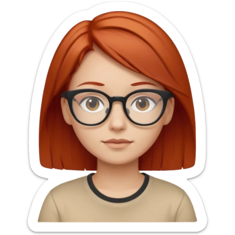 girl short-layer-red-hair wear beige T-shirt, wear glasses sticker