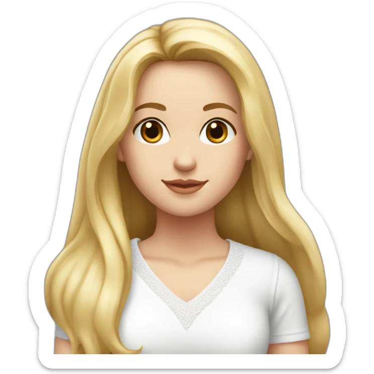 caucasian girl, long straight blonde hair, glossy white v-neck laced top sticker