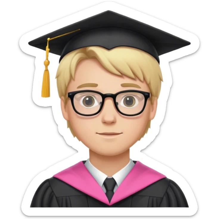 A blonde-haired young white man, wearing glasses, in the middle of his graduation with a black and pink theme sticker