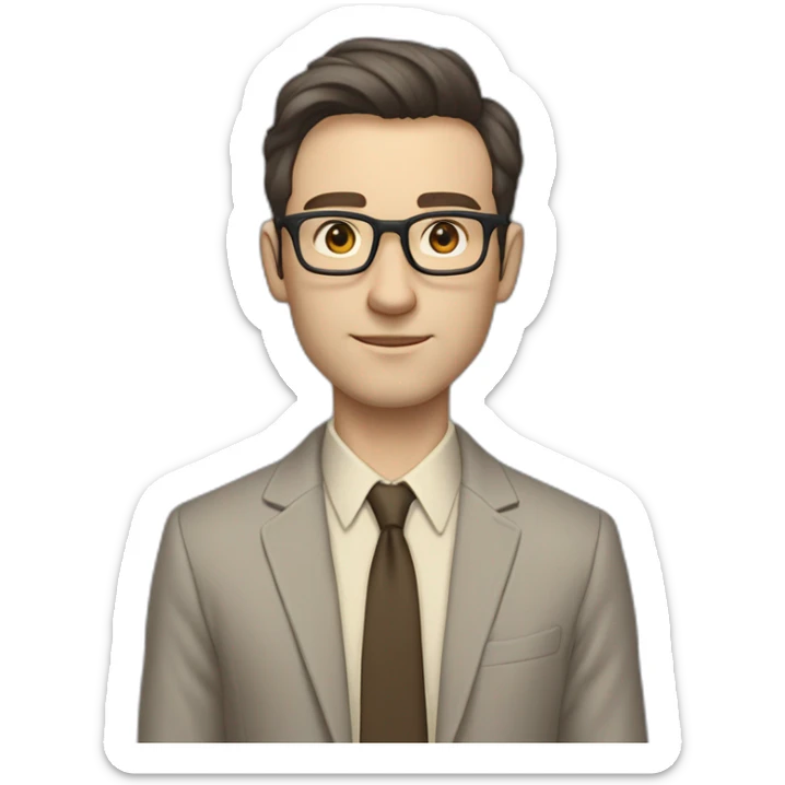 Full height Pale skinned Fit Man With dark brown hair in gray jacket, beige office shirt, tie, Brown pants and vintage glasses. Thrumbs of his palms directed up sticker