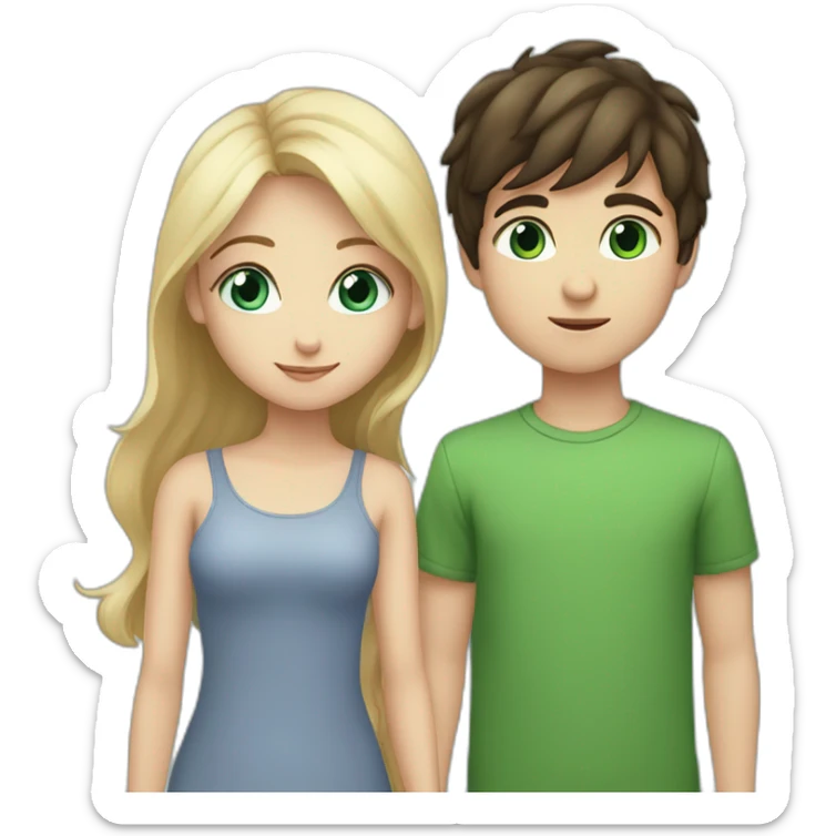 Girl with light blue eyes and blonde hair kiss a boy with dark brown hair and green eyes sticker