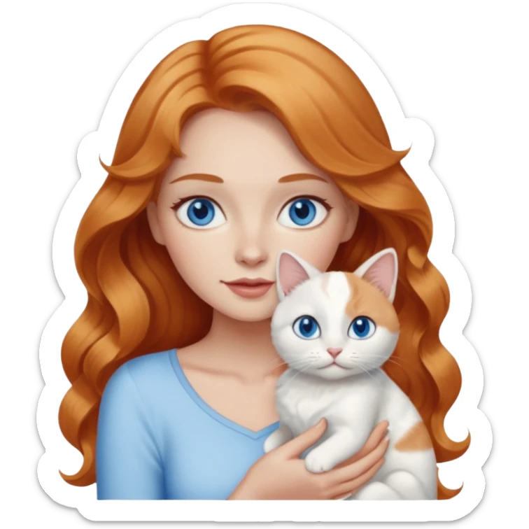 Long wavy strawberry blonde blue eyes woman with a white cat with blue eyes sticker