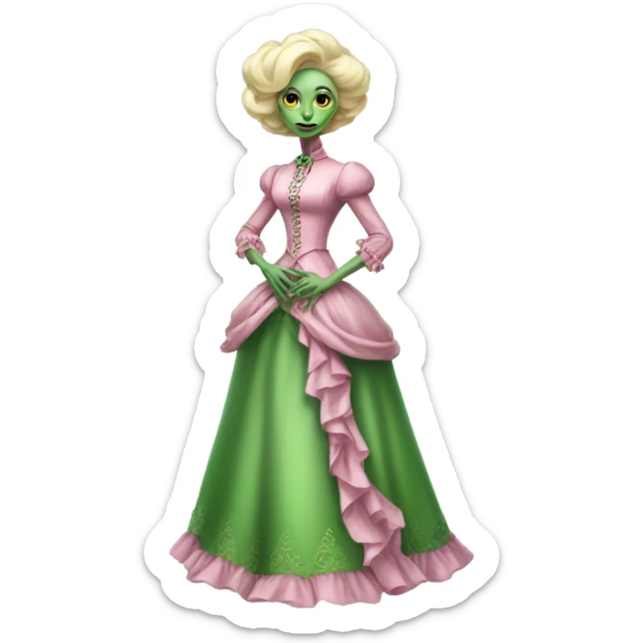 "green blonde alien woman"  in pink Victorian dress elegant, full body sticker