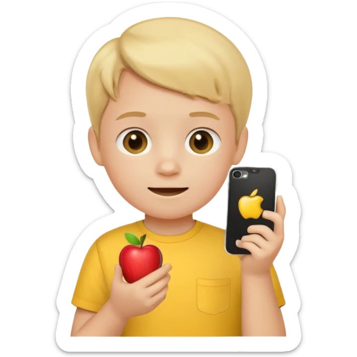A little kid holding a phone, apple style emoji, wearing a yellow shirt. sticker