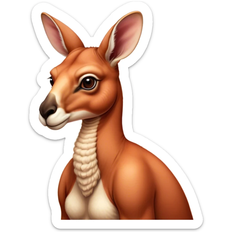 Cinematic Noble Adult Red Kangaroo Portrait Emoji, Poised and regal, with a robust, muscular build, tawny reddish fur, and a distinctive camel-shaped head featuring a slightly elongated snout, prominent ears, and keen, observant eyes, Simplified yet sharp and sophisticated features, highly detailed, glowing with a warm, sunlit glow, high shine, intelligent and commanding, stylized with an air of outback authority, focused and vigilant, soft glowing outline, capturing the essence of a watchful guardian that seems ready to bound out of the screen with effortless power! sticker