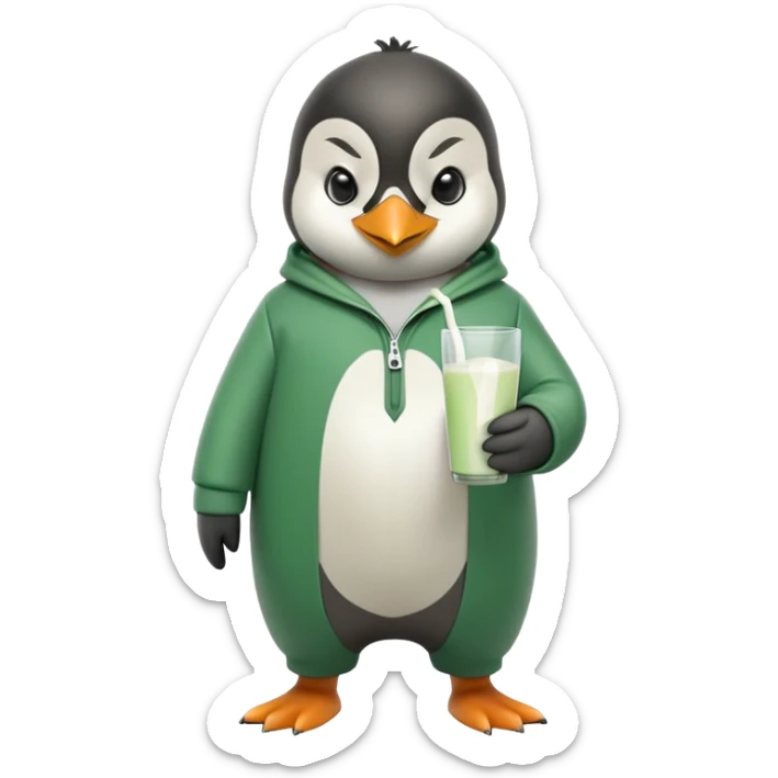 full body portrait of a friendly anthropomorphised penguin wearing a green mafia-style tracksuit, angry, confident scheming stance, holding a glass of milk sticker