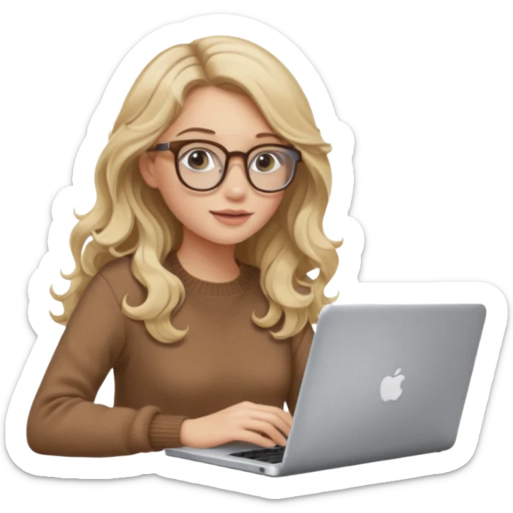 blonde girl with long dark blonde wavy hair, pantos-style glasses, a brown sweater, sitting with a laptop, soft pastel, upper body shot sticker