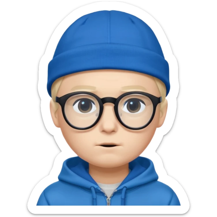 a shy boy wearing thick black glasses (nerd) and hide all his hair under a blue cap, wearing a normal hoodie (ios memoji) sticker