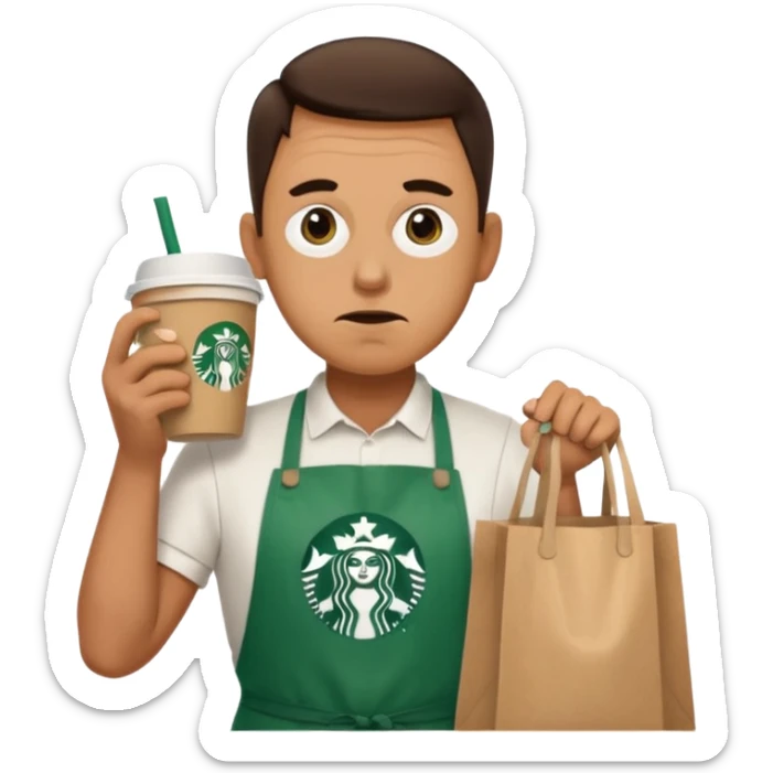 create a emoji for my male friend who is doing double shifts at starbucks and tired  sticker