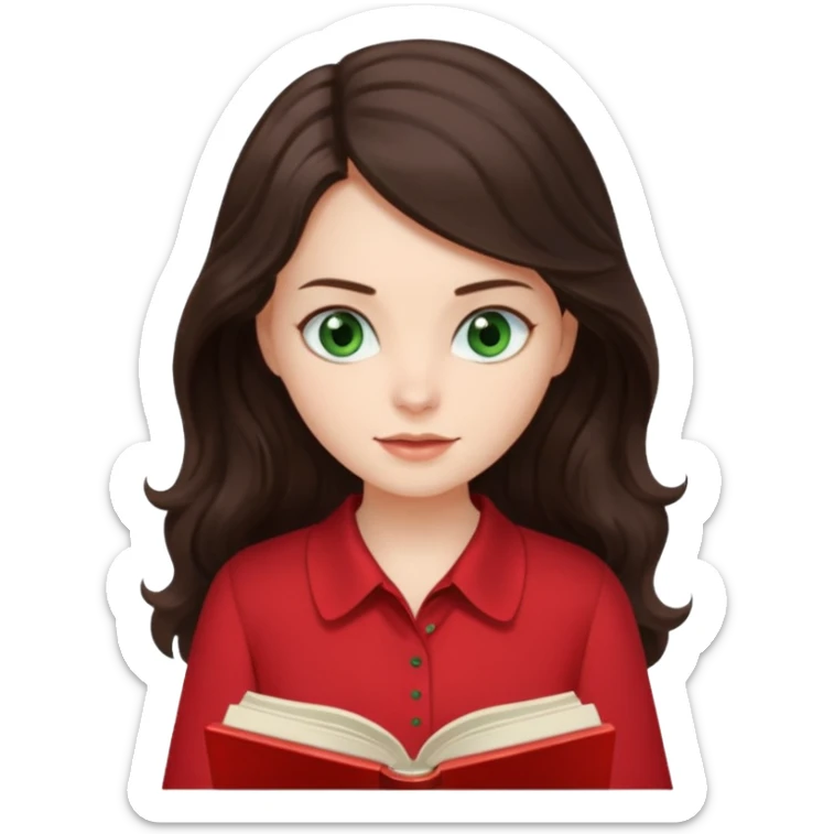 Long wavy dark brown haired, white skinned, dark green eyed girl in red blouse reading a book sticker