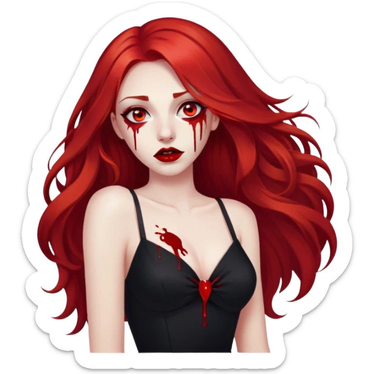 a woman with long red hair and red eyes. The woman wear a black dress. She have red lipstick. blood on face and metaphorical chest sticker