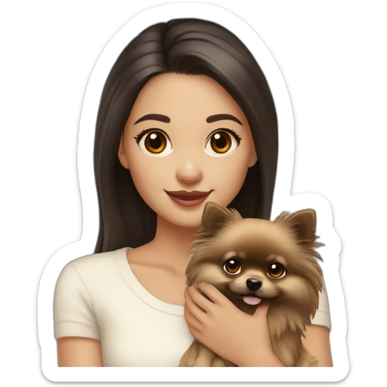 light-skinned-girl-with-dark-hair-and-brown-eyes-petting-cream-pomeranian sticker