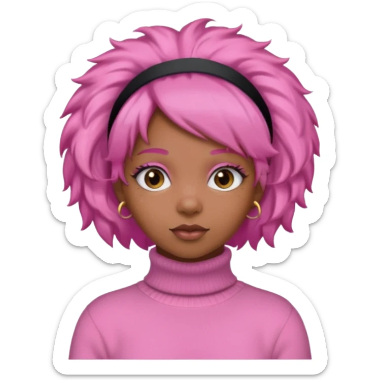 black fluffy haired girl with pink turtleneck sweater and pink hair band sticker
