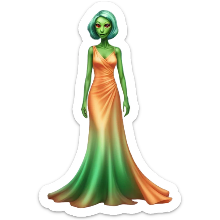 reptilian green alien woman, in long slim pastel orange formal party satin dress with gradient shiny sparkling dark red, full figure, full body sticker