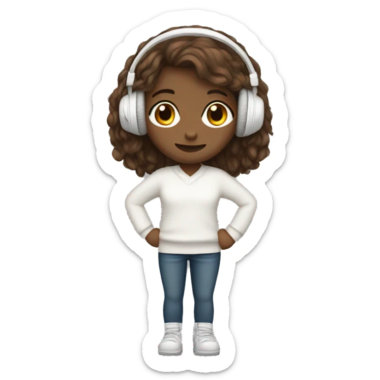 Brown long hair girl in a white sweater with white headphones  sticker
