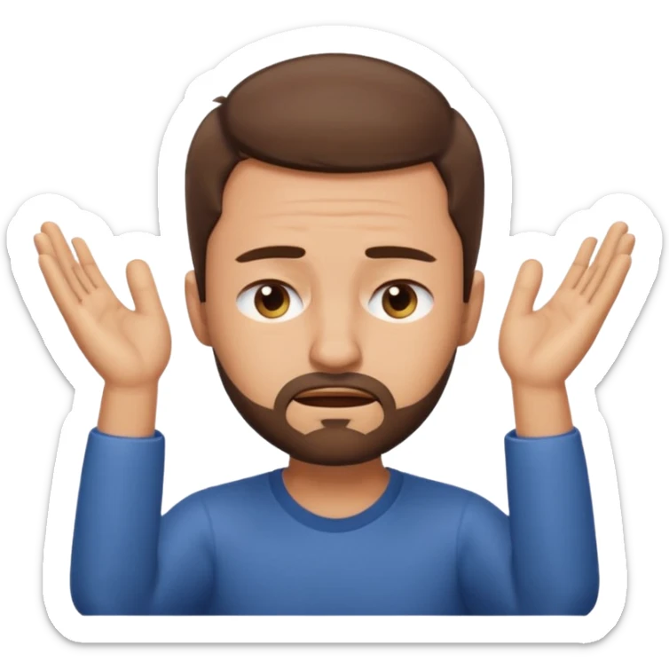 Emoji of a frustrated man with short brown hair hair and a short beard, eyes tightly closed and eyebrows furrowed.
Both hands raised near his head in frustration, clean rounded emoji style, soft gradients, plain background. sticker