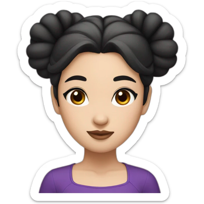 Asian girl with black double bun hair, purple top and eyeliner makeup sticker