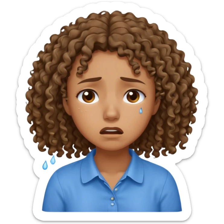 white young curly hair girl, brown hair, with a blue shirt, in despair crying sticker