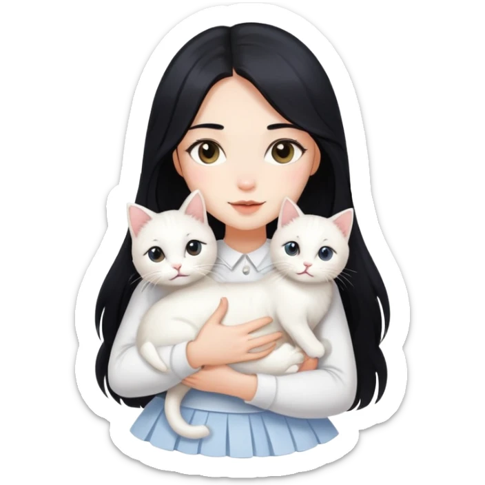 A beautiful girl with long black hair wearing a white skirt holds a cute white cat in her arms sticker