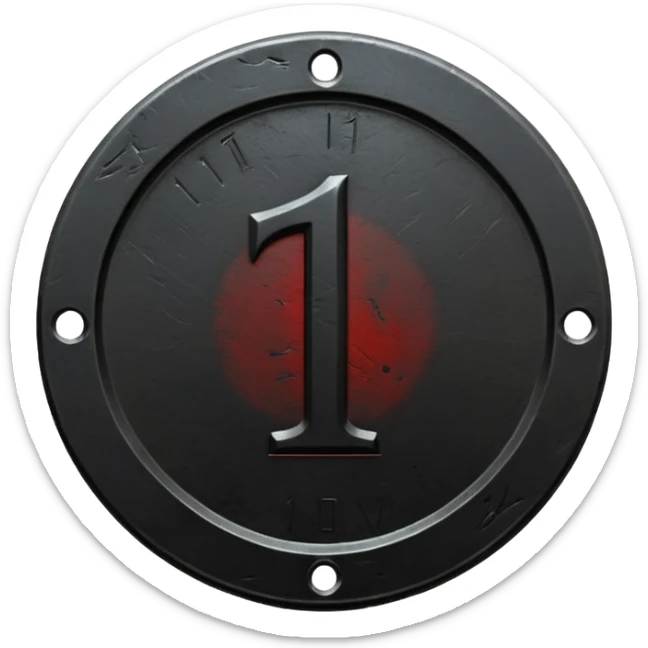 Minimal emoji, gothic metal coin made of black steel, engraved number 1 at the center, ancient industrial aesthetic, worn metal texture, no glow, no neon, flat emoji design, centered, transparent background sticker