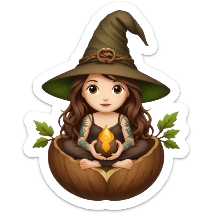 cute forest witch woman long wavy brown hair tattoos sitting inside acorn sticker
