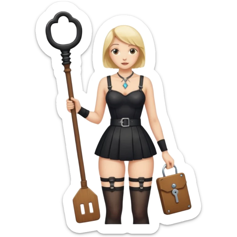 Dominatrix in stray black garter belt and stockings, wearing a house key on a necklace holding a small rectangular leather paddle sticker
