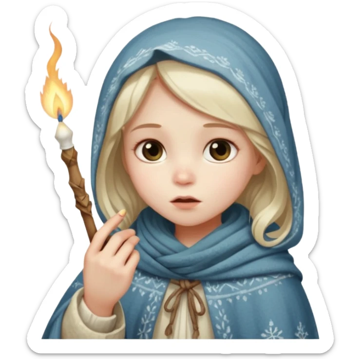 A small girl in a worn winter dress and shawl, holding a glowing matchstick close to her face, eyes wide with soft hope.
 sticker