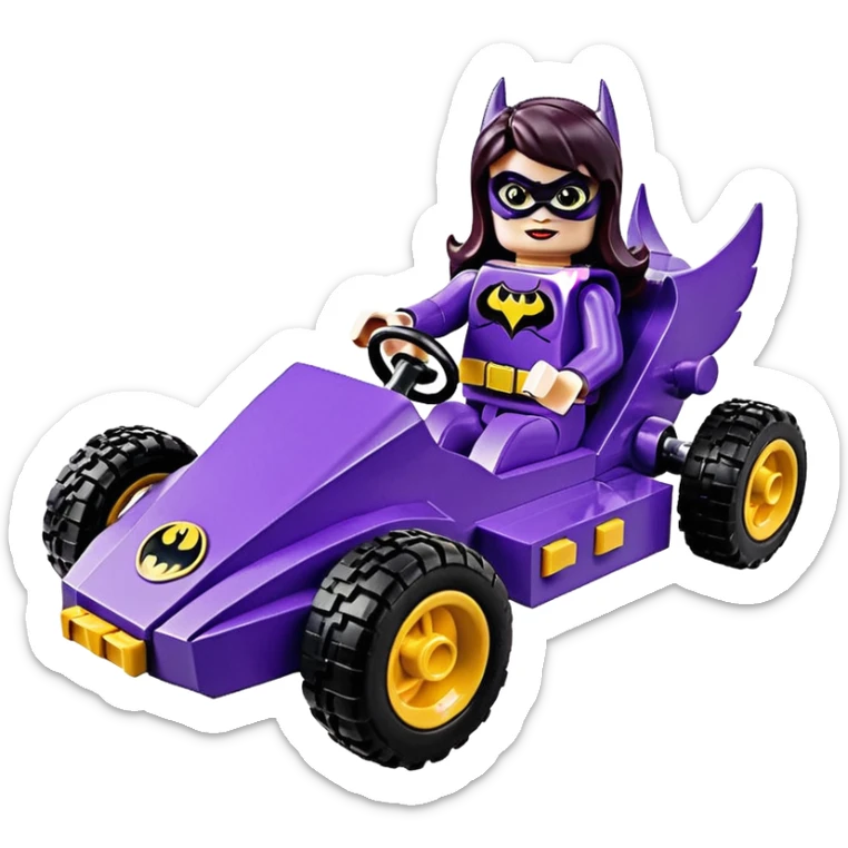 Hot full size real-appearance retro electric racing action BatGirl’s Lego feminine midnight-purple tight outfit sixty’s tv show 1992 stealthy retro sporty safe plush petite off-road pursuit cruiser car rose gold accents (black hair,reclined and relaxed torso seating position) go kart  sticker