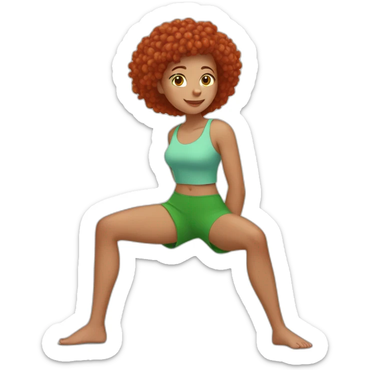 lightskin red haired girl stretching to touch her toes out with hand on her green shorts  sticker