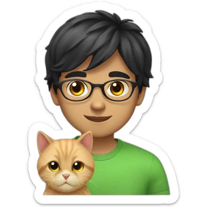 Boy green eyes, glasses, with black short hair, with orange Persian cat sticker
