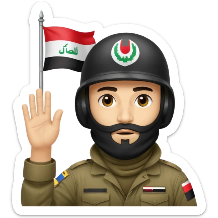 surrenders, depicts an Iraqi soldier from 1980, with a beard, in a helmet, a helmet with sign flag Iraq, with a balaclava, with sad eyes and both hands raised up sticker