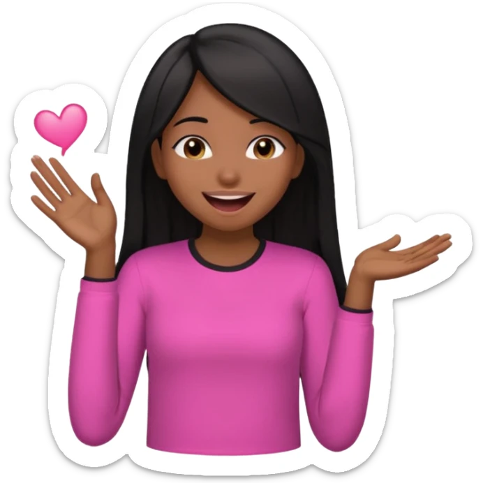 Chocolate brown girl wearing a pink shirt with long straight jet black hair giggling, she has one hand behind her back and one over her mouth  sticker