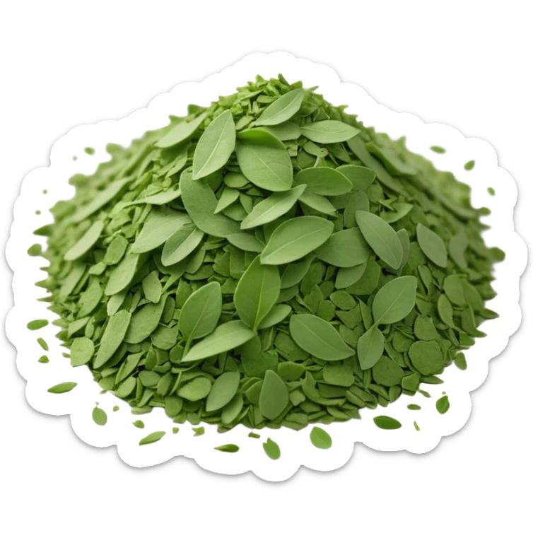 pile of finely crumbled green herb flakes, irregular airy shape, dusty uneven texture, natural color variation from sage to dark green, no extras, apple emoji style, soft lighting, subtle shadows, emoji scale sticker