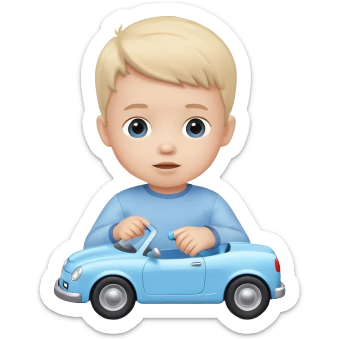 cute toddler boy with pastel blue clothes playing with a blue toy car sticker