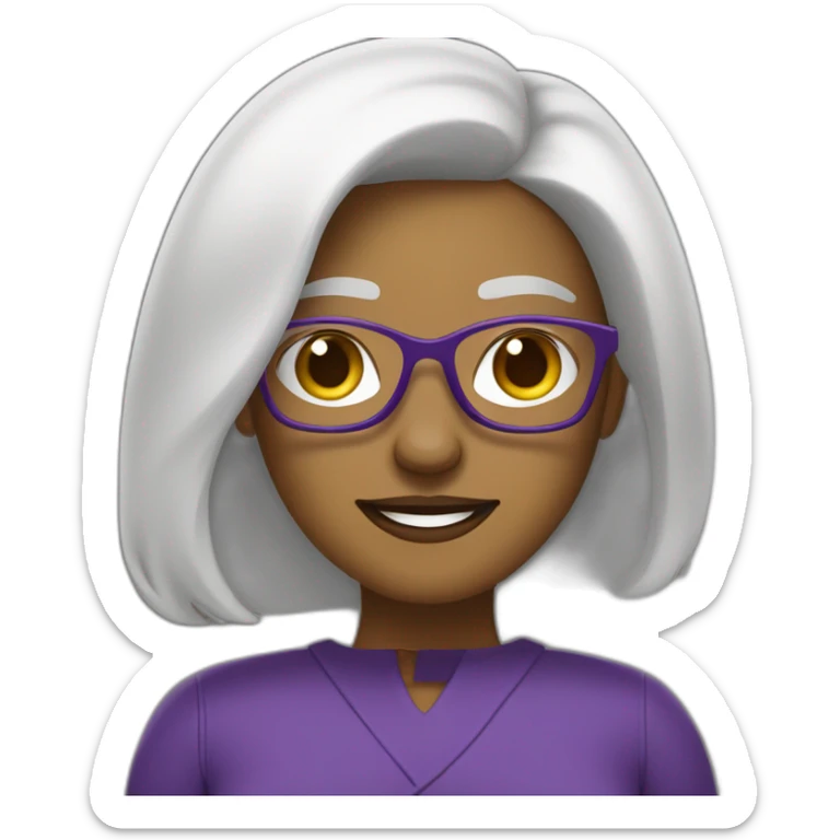 mujer riendo con piel de color blanco con gafas cabello hasta el hombro y de color marron con un computador morado sticker