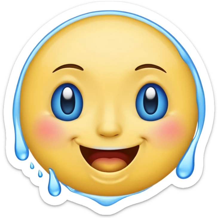 Emoji, yellow round laughing face, blue tears of joy on it. 2 big blue tears on each of the 2 cheeks sticker