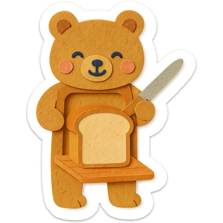 cute bear-shaped bread slicer slicing bread, happy soft eyes, warm tones, full-body sticker