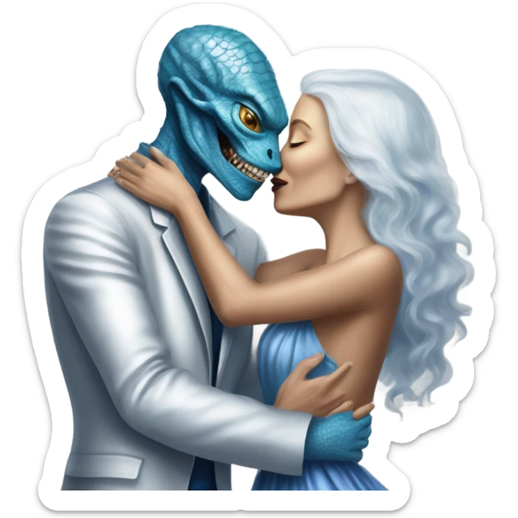 White man in blue dress  hugs and kissing Alien reptilian woman in silver dress  sticker