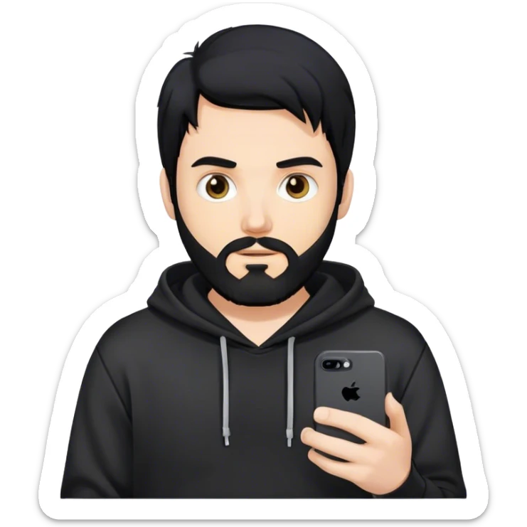 hackeur blanc cheveux noir barbe et capuche noir avec un iphone 16 pro sticker