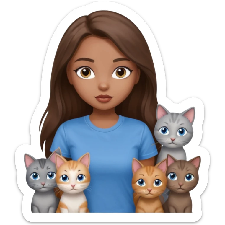 a pretty bratz dusky girl with long brown hair, blue eyes with six cats nd wearing a grey tshirt sticker