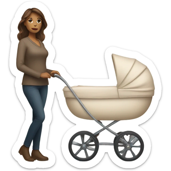 beautiful mother with brown hair. next to beige baby carriage sticker