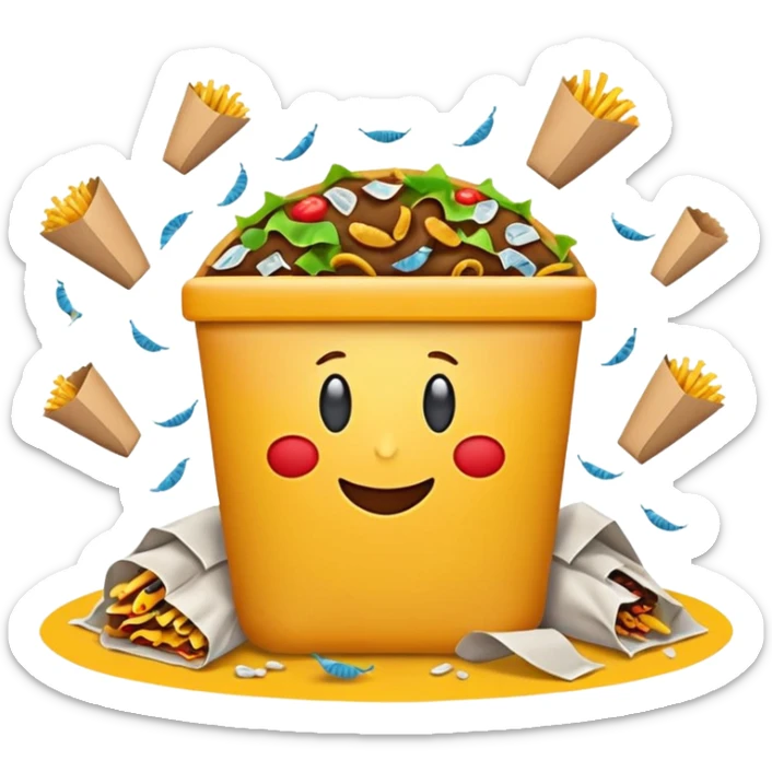 emoji-style icon of a fast food restaurant with trash bags, spilled food, and flies at the entrance, unsanitary look, clear at small size, no text sticker
