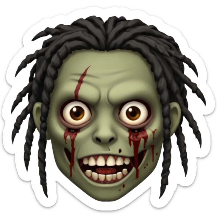 zombie with brown skin, messy black dreads hair, wide centered brown eyes, dark bloody marks under the eyes, and a slightly open mouth showing crooked teeth grillz, giving a distressed, undead look. sticker