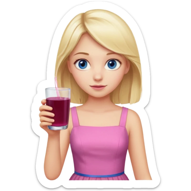 blonde girl with blue eyes in a pink dress holding a glass of elderberry juice sticker