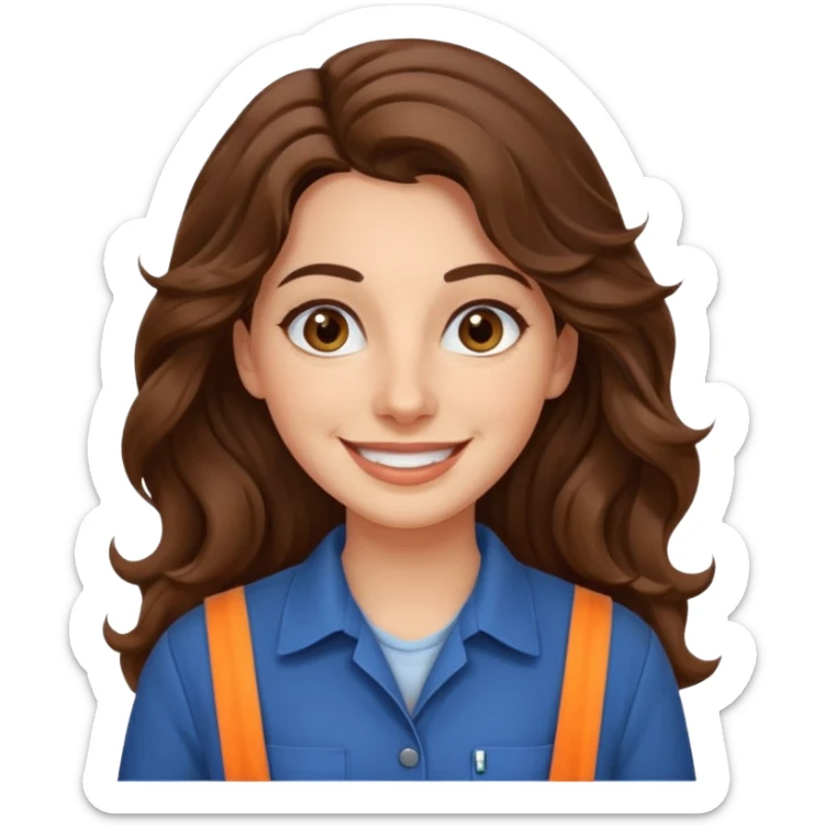 30 yr old italian woman, long brown wavy hair, big brown eyes, huge smile, work clothes, no bangs,  sticker
