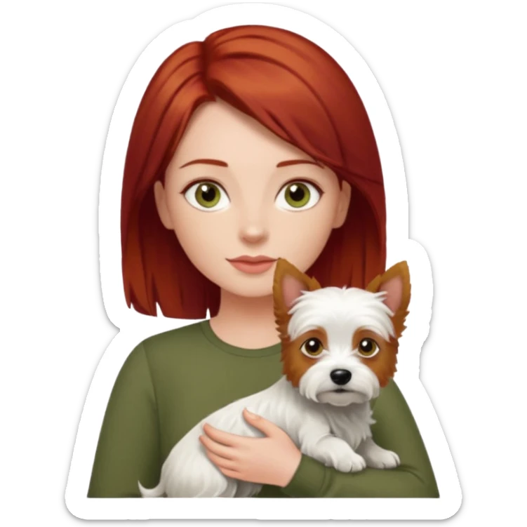Westie dog being held by woman with dark shoulder length red hair and hazel eye wearing olive green top sticker