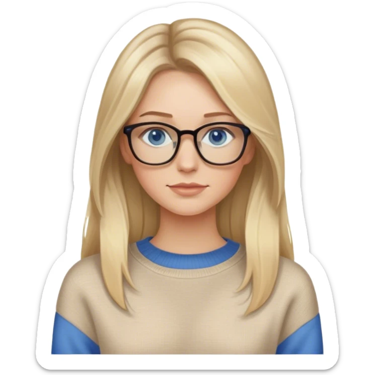 White women, long blonde balayage hair, no smile, beige sweater, blue eyes and glasses  sticker