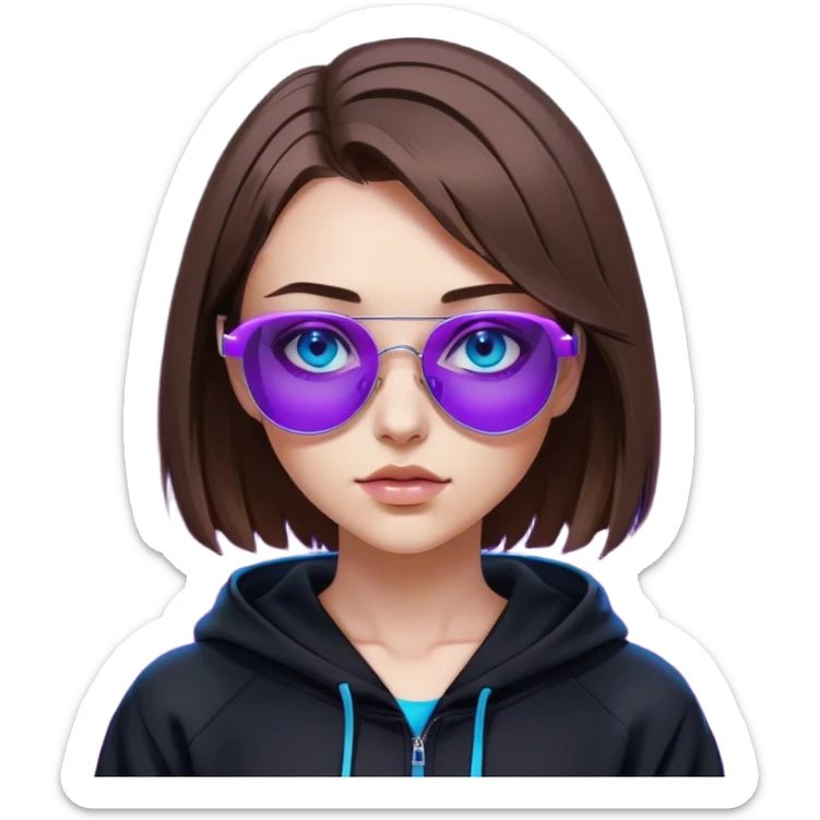
girl with brown bob and blue eyes in a black hoodie and sunglasses. Cyberpunk style. Violet neon. sticker