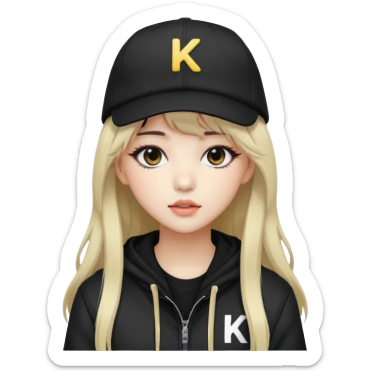 Portrait of a female K-pop idol, wearing a stylish streetwear outfit with layered clothing, long hair with bangs, makeup, wearing a black cap sticker