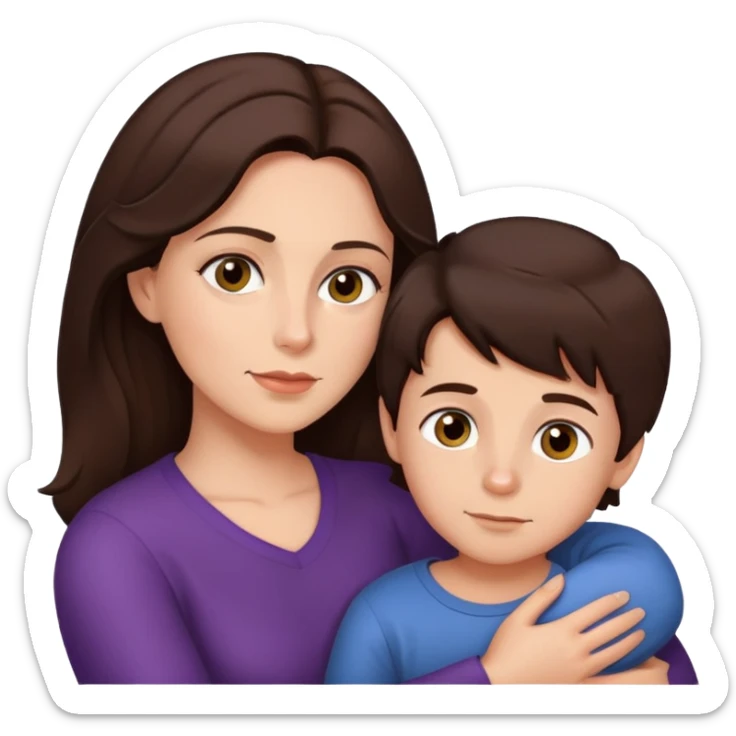 Mother with brunette hair & hazel eyes cuddling her son with dark brunette hair and dark chocolate eyes  sticker